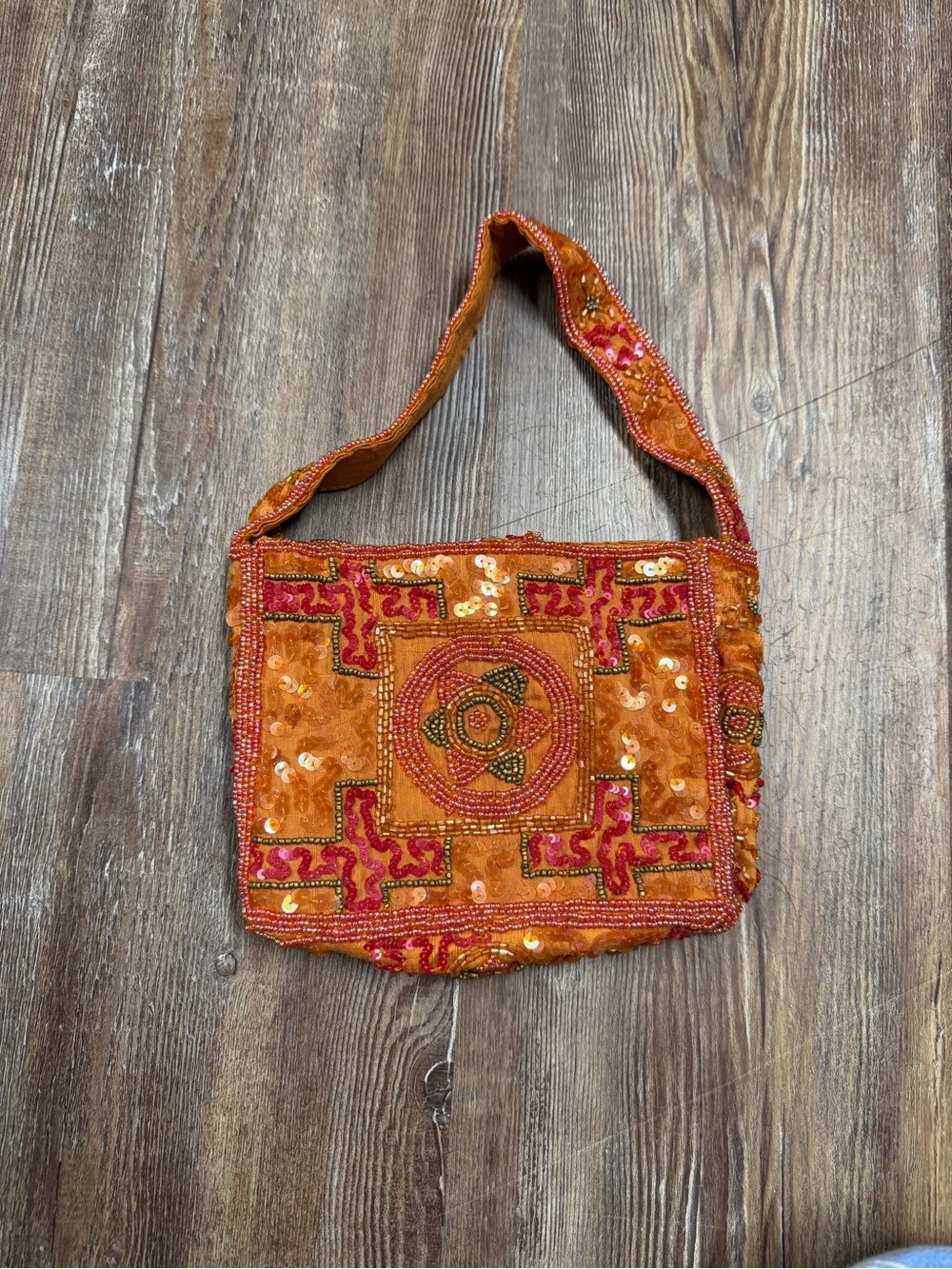 Y2K vintage Orange & red boho beaded purse with sequins and geometric embroidery
